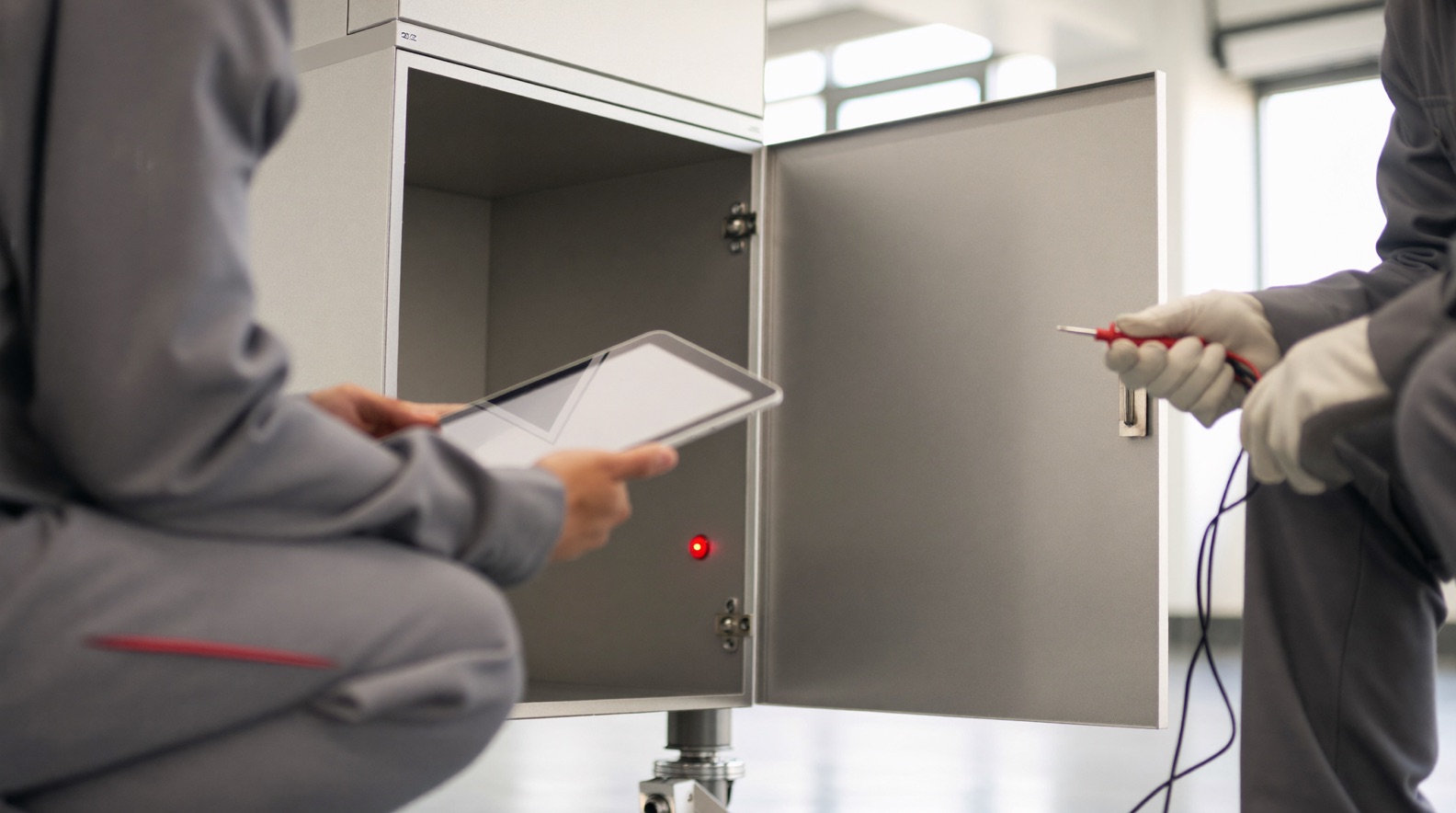 Two engineers at an open electrical enclosure with a red status light on, one holding a tablet and the other testing a connection with a probe. An illustration of the commissioning work described in stage 04.