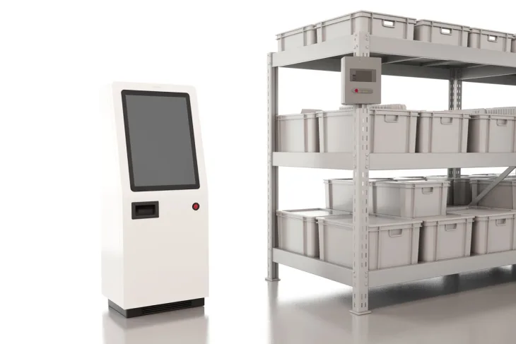 A white self-service kiosk terminal with a single red status light, beside light grey warehouse shelving holding matching storage totes, shown as a generic illustration of the class of system described.